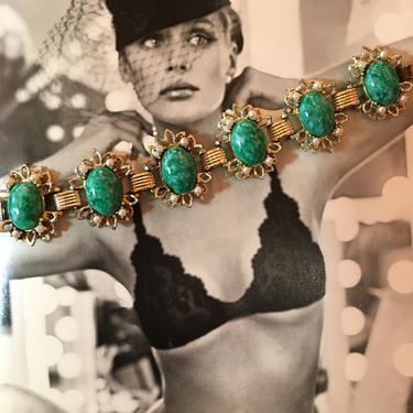1960s bracelet, green cabochons, vintage 60s bracelet, 60s costume jewelry, mid century bracelet, mrs maisel style, dragons egg, rockabilly 