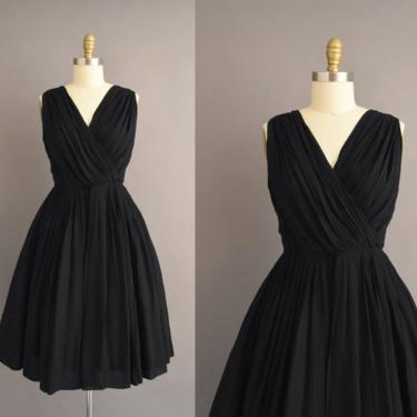 vintage 1950s dress | Classic Jet Black Cocktail Party Dress | Medium | 50s vintage dress 