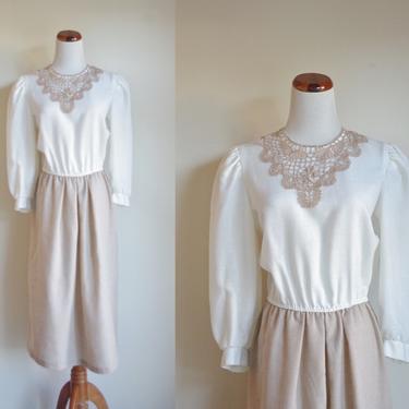 Vintage 80s Dress, Cream and Beige Color Block Dress, Lace Neckline, Puff Sleeves, Elastic Waist Dress, Medium Large 