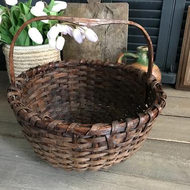 Antique Rustic Basket, Bentwood Handle, Willow Wicker Flower Basket, Farmhouse, Farm Table by JansVintageStuff