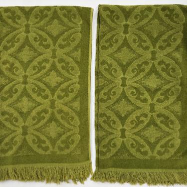 Mid Century Bath Towels, Green Geometric, Wells Royal Towels, All Cotton Vintage Towels, Set Of 2 