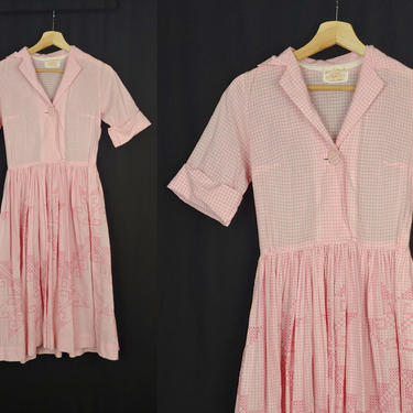 Vintage 50s Fifties Pink Gingham Handmade Embroidered Cross-stitch Short Sleeve Fit and Flare Shirtwaist dress XS Shirt Dress 