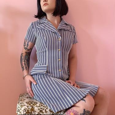 60s White &amp; Navy Striped Button-Up Dress 