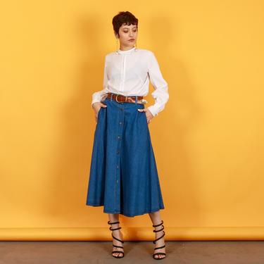 80s Blue Denim High Waisted Circle Skirt Vintage Long Belted Chunky Skirt 