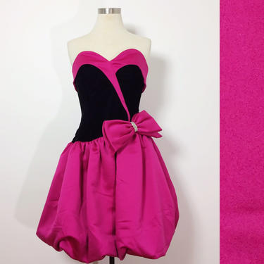 Vintage 80s Prom Dress / 80s Evening Dress / Velvet Dress / 80s Costume / 80s Dress / 80s Party Dress / Black & Pink Dress / Strapless Dress 