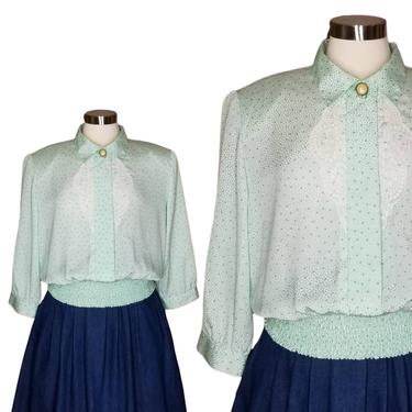 Vintage Silky Blouson Blouse, Extra Large / Green Satin Button Blouse / Wide Sleeve Collared Dress Blouse / Retro 80s St Patricks Day Shirt 