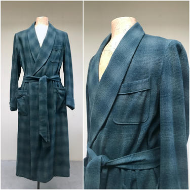 1940s Vintage Mens Wool Robe, 40s Green Ombre Plaid w/ Shawl Collar Smoking Jacket, Winter Dressing Gown, Medium 40&quot; up to 44&quot; Chest 
