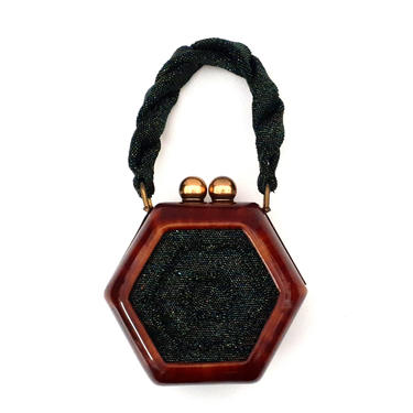 Vintage Fre-Moore Camel Amber Lucite Black Beaded 40s Handbag 