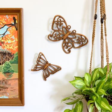 Pair of Vintage Homco Butterflies / Retro 70s Butterfly Wall Decor / Brown Wood Look Burwood Syroco / Boho Eclectic Style 