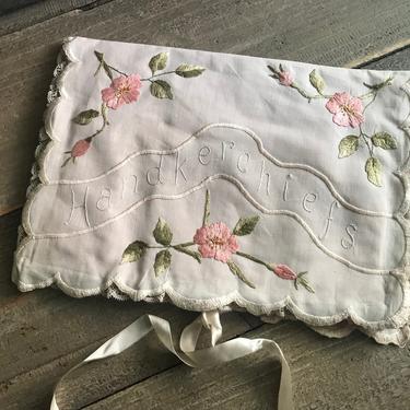 Antique Handkerchief Boudoir Case, Hand Embroidered, Lace, Boudoir Folder, Trousseau 