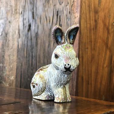 Vintage Mid Century Modern Handmade Ceramic Handpainted Rabbit Bunny  Figurine Multicolor Pastel Gold Lineart Cute Cottagecore Bohemian 