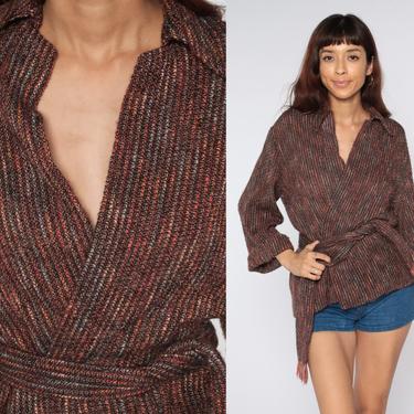 70s Wrap Sweater SPACE DYE Sweater Boho Cardigan Bohemian Striped 80s Vintage Knit Cuffed Sleeve 1970s Hippie Brown Pink Small Medium 
