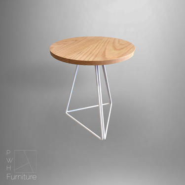 End Table, Modern Round Table with White Oak Top and Triangle Steel Base 
