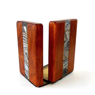 2 MARTZ BOOKENDs WALNUT 6 Pottery 1 in TILE Inserts 60s 8x5 Gordon Jane Pair Vintage Marshall Studios Mid Cent Modernist Library usa Ex Cond 