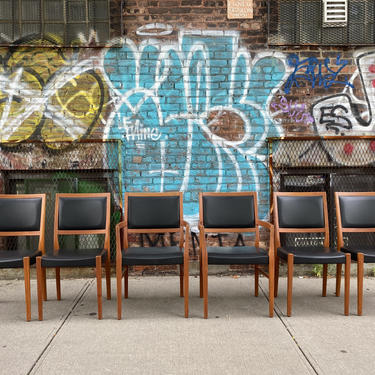 Set of 6 Midcentury Swedish danish Teak Dining side Chairs with black vinyl 