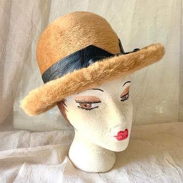 Vintage 60s Statement Hat, Faux Fur, Leather Trim and Bow, High Crown, Jacques Heim Paris 