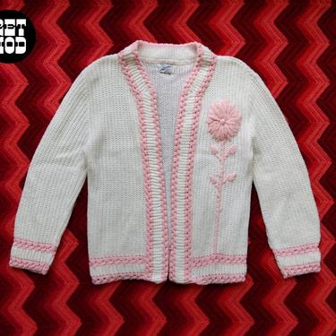 So Adorable Vintage 60s 70s White with Pink Flower Embroidery Chunky Cardigan 