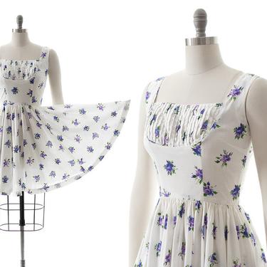 Vintage 1950s Circle Skirt Sundress | 50s JERRY GILDEN Purple Rose Floral Printed White Cotton Fit and Flare Skater Day Dress (small) 
