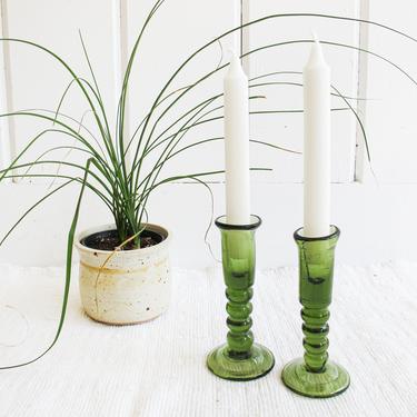 Hand Blown Olive Green Glass Tapered Candle Stick Holders 