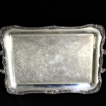 Antique ROGER'S &amp; BRO Silverplate Footed Butler Tray | 27x16 Stunning Ornate Holloware Handled Waiters Tray Discontinued Pattern | 9 LBS. 