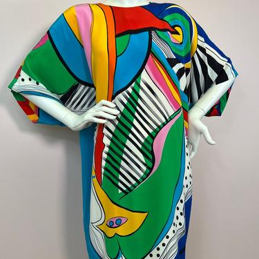 Vtg 1980s Yolanda Lorente rainbow silk abstract face tunic dress 
