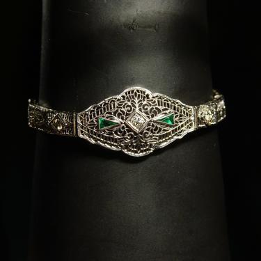 Antique Art Deco 14K White Gold Diamond & Emerald Filigree Belly Bracelet, 3 Round-Cut .12 CT Diamonds, Triangle Cut Emeralds, 6 3/8&quot; L 