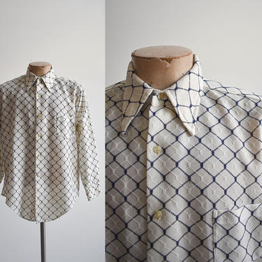 1970s White &amp; Navy Blue Polyester Shirt 