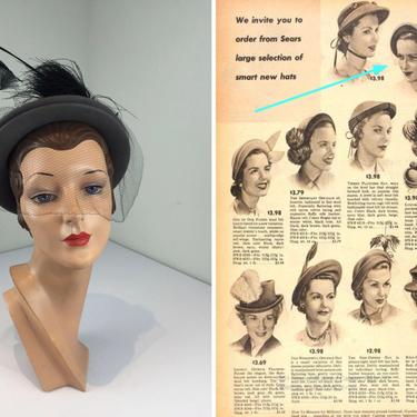 A Smart Hat For Smart Ladies - Vintage Late 1940s Gray Grey Fur Felt Caplet w/Long Standing Feathers - Museum 