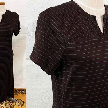 Vintage Korell Shift Dress 60s Mod Striped Stripes Blue Brown 1960s Mini Mod Twiggy Short Sleeve Large XL 