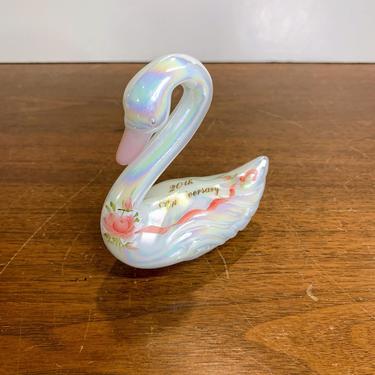 Vintage Fenton Glass Swan 20th Anniversary Iridescent White Mother of Pearl 