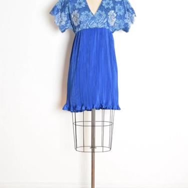 vintage 80s dress blue metallic lace pleated babydoll cocktail party mini M 