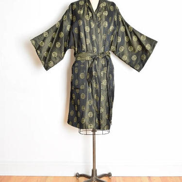 vintage 50s kimono, 50s smoking jacket, 50s bed jacket, black satin kimono, duster jacket, 50s clothing, mens robe, medallion kimono, L XL 