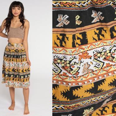 Southwest Midi Skirt Tribal Skirt 80s Hippie Boho High Waisted Retro Vintage Southwestern Black Mustard Yellow Striped Medium Large 
