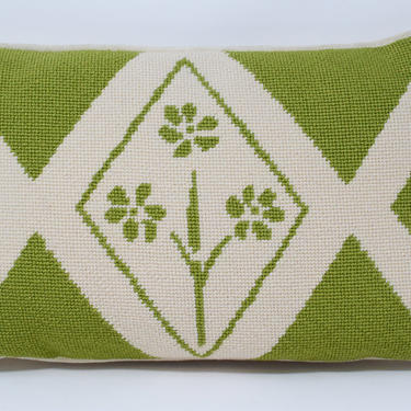 Vintage Green and White Needlepoint Lumbar Pillow 