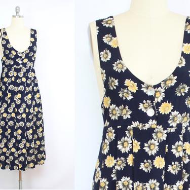 Vintage 90's Navy Blue Daisy Jumper Midi Dress / 1990's Market Dress / Floral Daisies / Minimalist / Women's Size Medium by Ru
