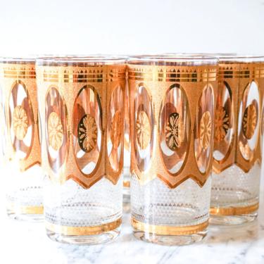 Gorgeous Set of 7 Vintage Mid Century Gold Foil Cocktail Glasses with Etched Details 