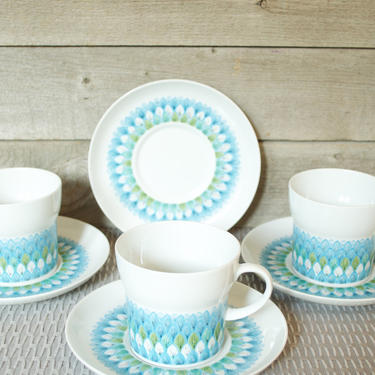 Noritake Young America Bahama China Mid-Century Cup and Saucer Sets, 3 sets, Blue, Aqua, Turquoise, Green Flower,Vintage, Dinnerware, China 