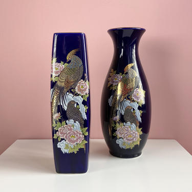 Pair of Vintage Japanese Vases - Cobalt Blue / Gold - Bird Floral Images 