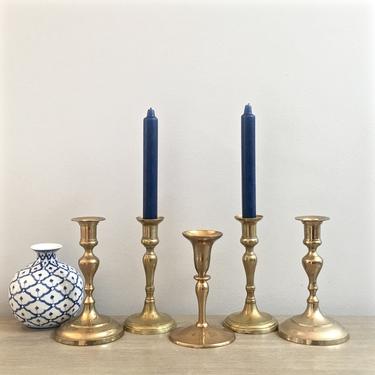 Brass Candlestick Set of Five Rustic Patinated Candle Holders Round Bases 