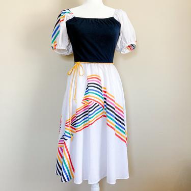 70s Rainbow Puff Sleeve Dress | Small/Medium 