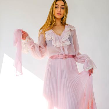 Vintage 70s Oscar De La Renta Pale Pink Ethereal Four Piece Skirt Set | Made in USA | Fairy, Prairie, Angelic Couture | 1970s Designer Set 