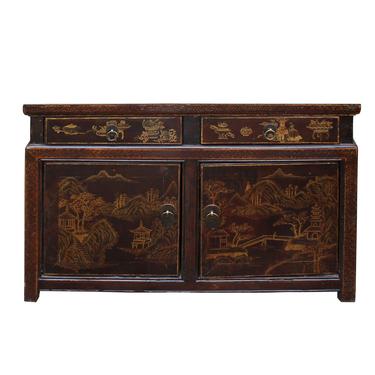 Chinese Distressed Brown Floral Motif Low Table Cabinet cs5021S