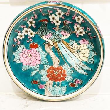 Vintage Two Bird and Floral Japanese Gold Imari Hand Painted Porcelain Shallow Turquoise Bowl by LeChalet
