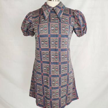 Vintage Handmade 60s 70s Mini Dress // Blue, Grey, and Red Puffed Sleeve Pointed Collar 