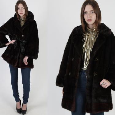 Mahogany Mink Coat With Matching Belt / Vintage 70s Espresso Trench Style Mid Length Jacket / Womens Real Fur Belted Princess Coat 