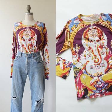 Vintage 90s Ganesha Colorful Long Sleeve T Shirt/ 1990s Trippy Hindu Vinayaska Elephant Shirt/Full Bleed/ Size M 