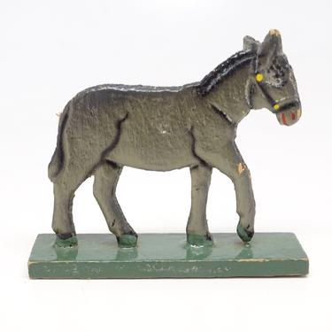 Antique German Wooden Donkey on Wood Stand, Hand Painted Stand Up Toy for Christmas Putz or Nativity 