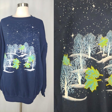Vintage Nineties XL Blue Night Sky Forest Pullover Sweatshirt - XL 90s Winter Scene Screen Printed Sweatshirt 
