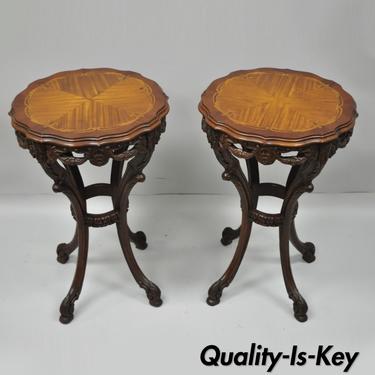 Pair of French Louis XV Style Mahogany Satinwood Inlay Round Side End Tables
