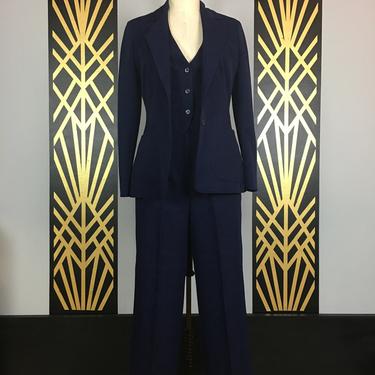 1970s pantsuit, 3 piece set, vintage 70s suit, navy blue polyester, jacket vest and pants, medium, panther, mynx style, high waist pants, 29 